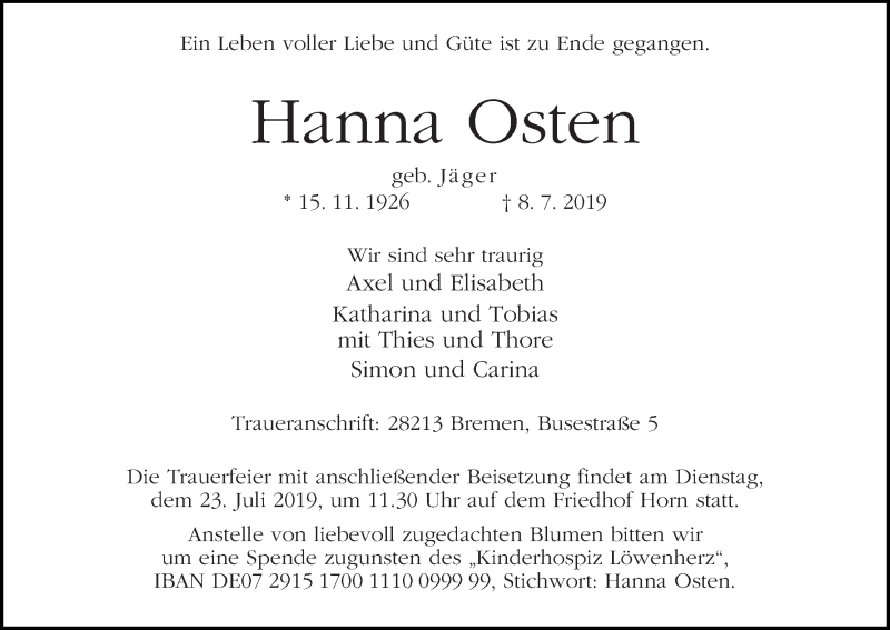 Traueranzeige von Hanna Osten von WESER-KURIER