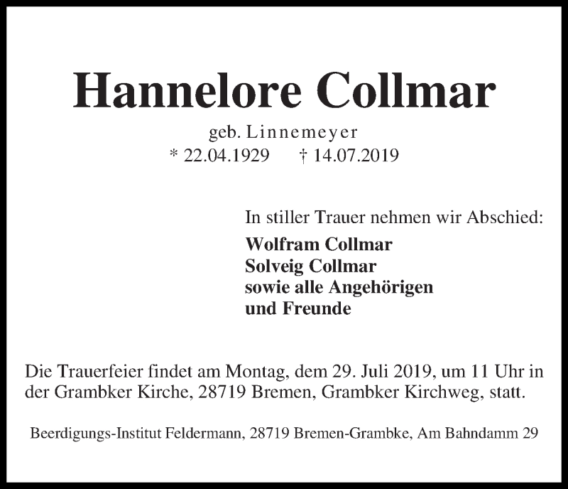 Traueranzeige von Hannelore Collmar von WESER-KURIER