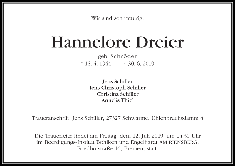 Traueranzeige von Hannelore Dreier von WESER-KURIER