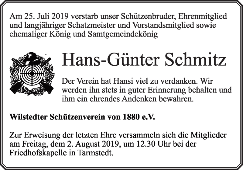 Traueranzeige von Hans-Günter Schmitz von Wuemme Zeitung