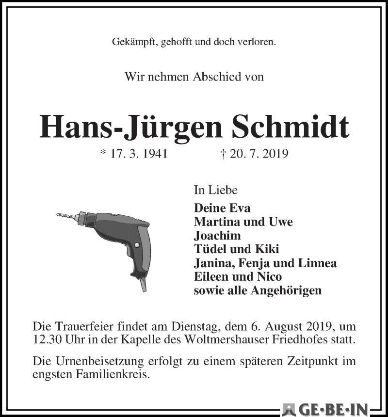 Traueranzeige von Hans-Jürgen Schmidt von WESER-KURIER