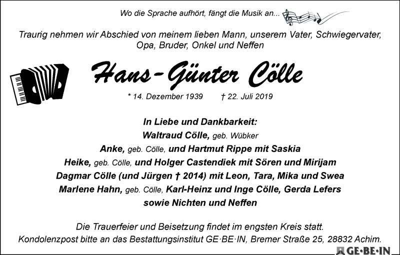 Traueranzeige von Hans Günter Cölle von WESER-KURIER