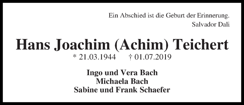 Traueranzeige von Hans Joachim (Achim) Teichert von WESER-KURIER