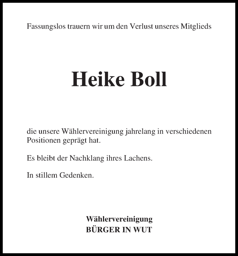 Traueranzeige von Heike Boll von Die Norddeutsche