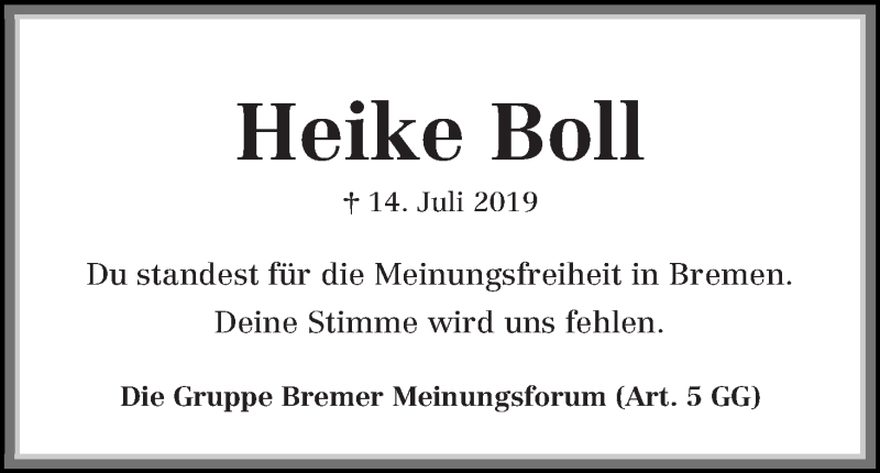 Traueranzeige von Heike Boll von Die Norddeutsche
