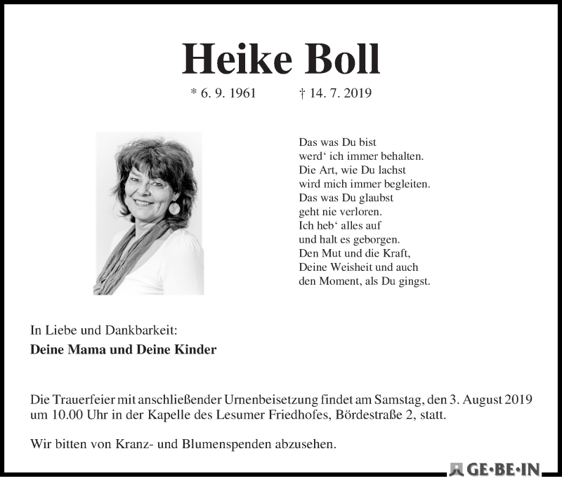 Traueranzeige von Heike Boll von Die Norddeutsche