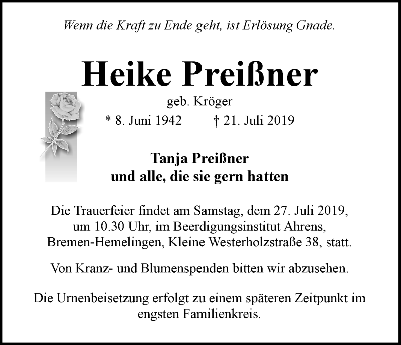 Traueranzeige von Heike Preißner von WESER-KURIER