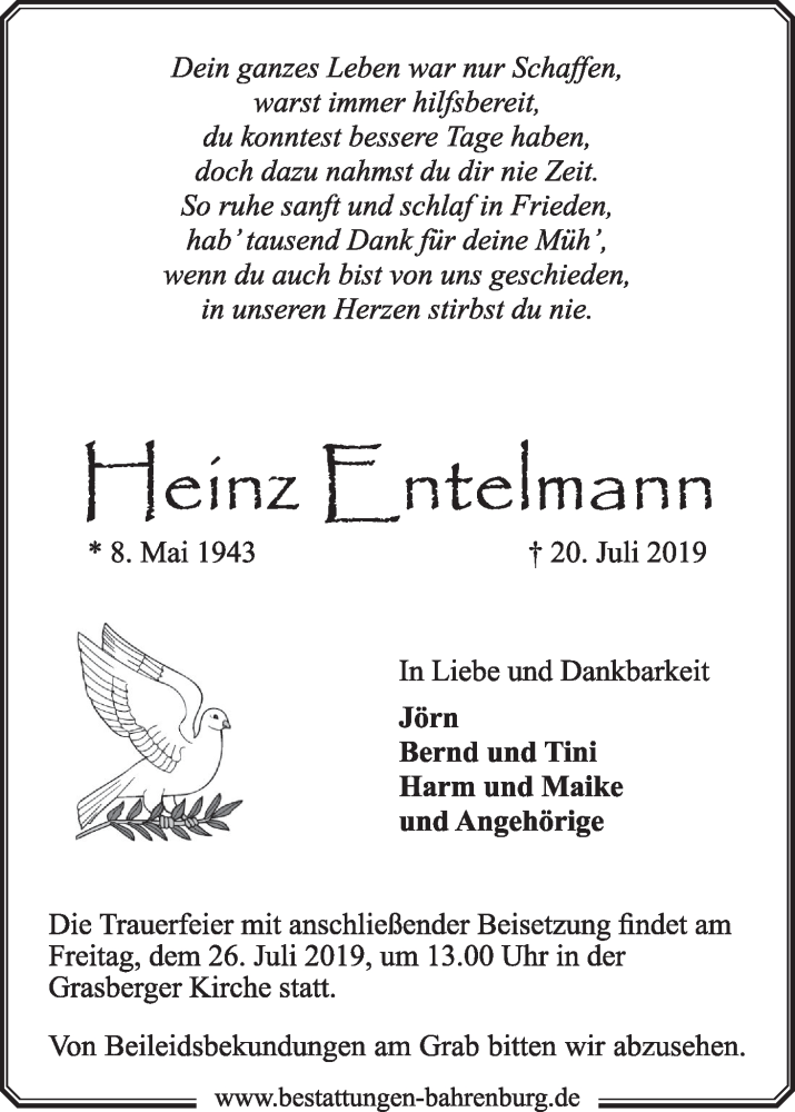 Traueranzeige von Heinz Entelmann von WESER-KURIER