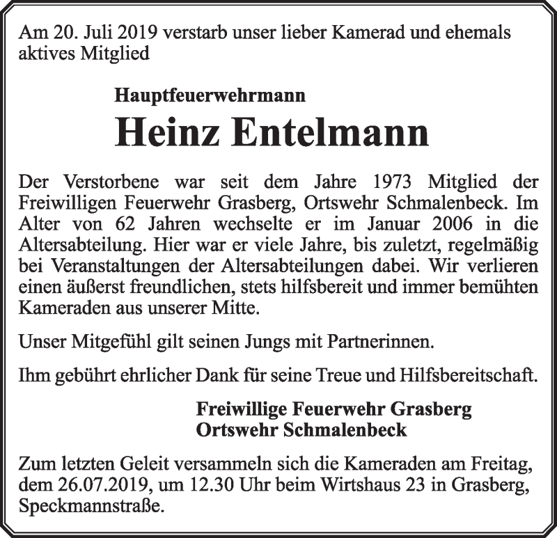 Traueranzeige von Heinz Entelmann von Wuemme Zeitung