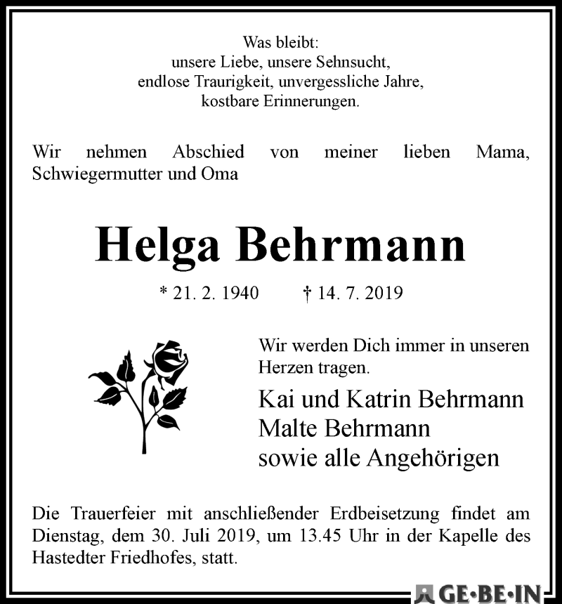 Traueranzeige von Helga Behrmann von WESER-KURIER