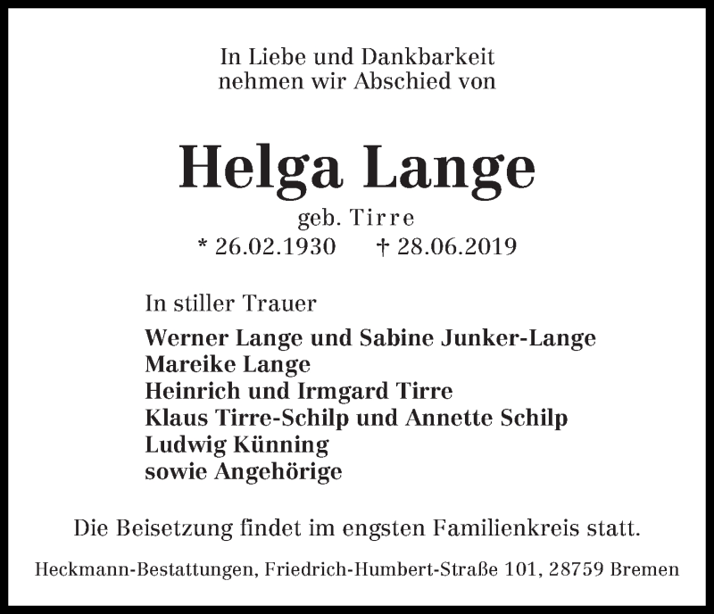 Traueranzeige von Helga Lange von WESER-KURIER