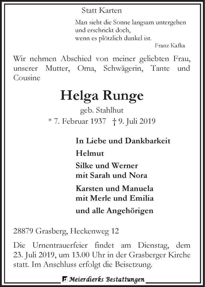 Traueranzeige von Helga Runge von Wuemme Zeitung