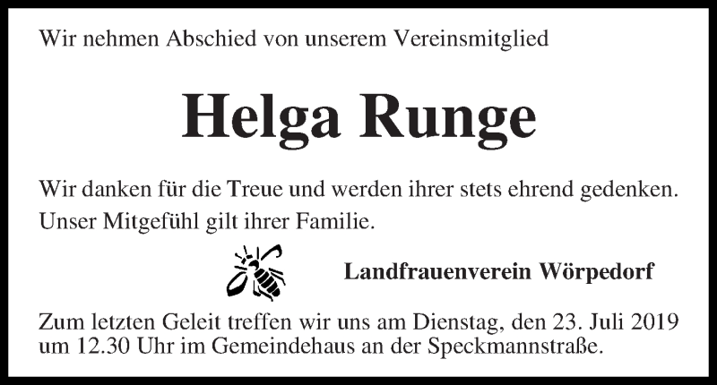 Traueranzeige von Helga Runge von Wuemme Zeitung
