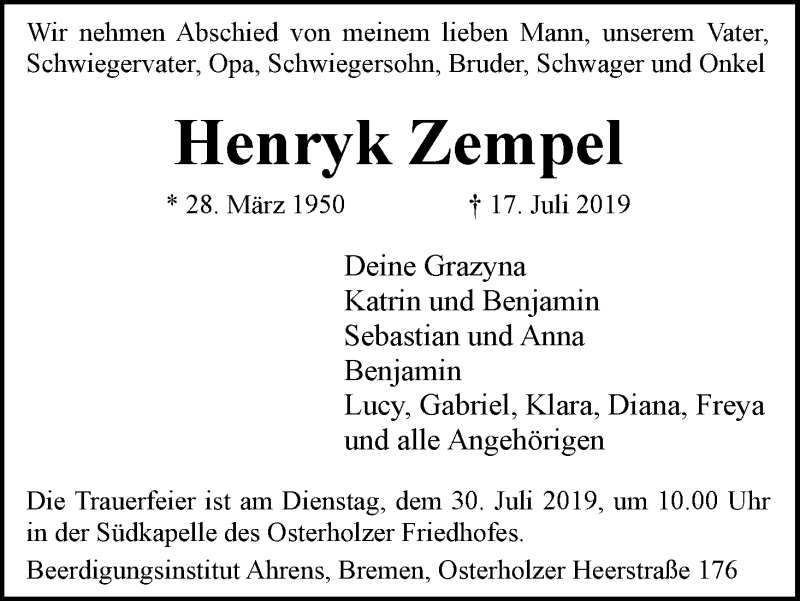Traueranzeige von Henryk Zempel von WESER-KURIER