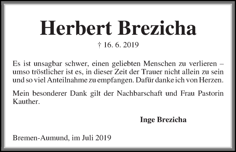 Traueranzeige von Herbert Brezicha von Die Norddeutsche