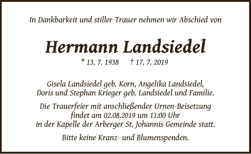 Traueranzeige von Hermann Landsiedel von WESER-KURIER