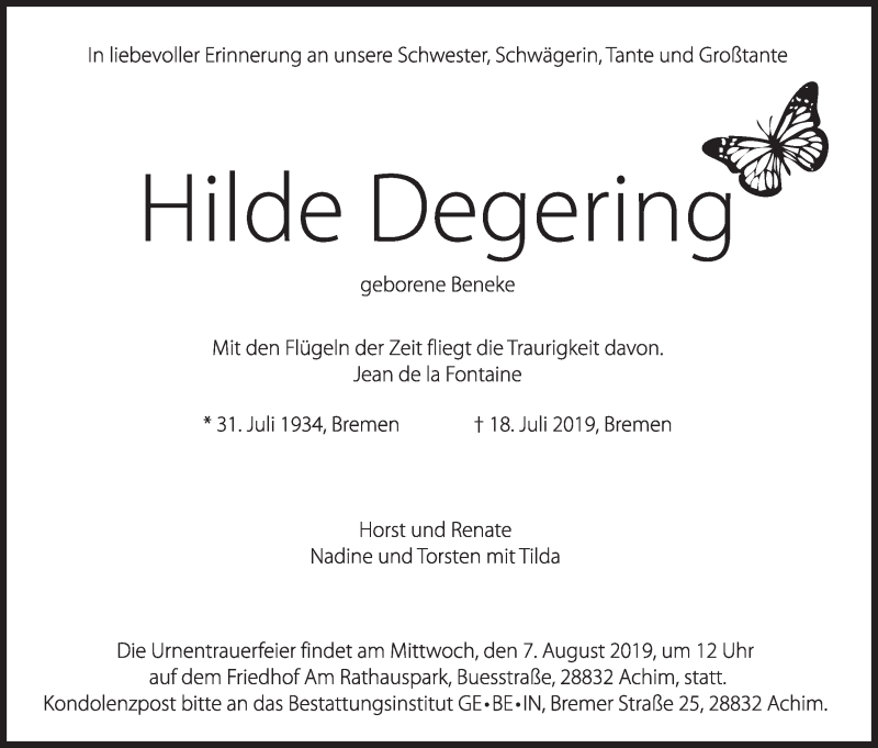 Traueranzeige von Hilde Degering von WESER-KURIER