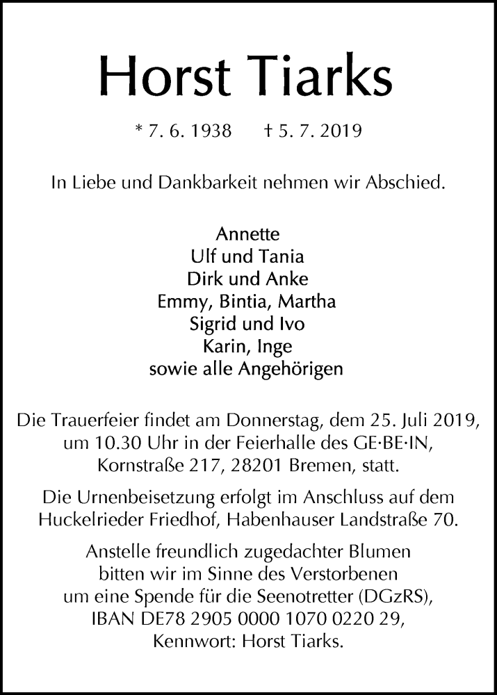 Traueranzeige von Horst Tiarks von WESER-KURIER