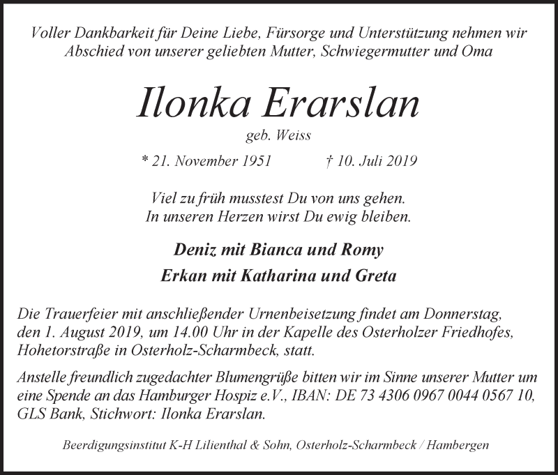 Traueranzeige von Ilonka Erarslan von Osterholzer Kreisblatt