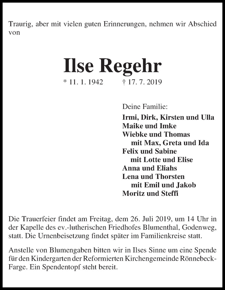 Traueranzeige von Ilse Regehr von Die Norddeutsche