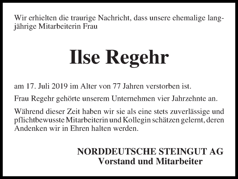 Traueranzeige von Ilse Regehr von Die Norddeutsche