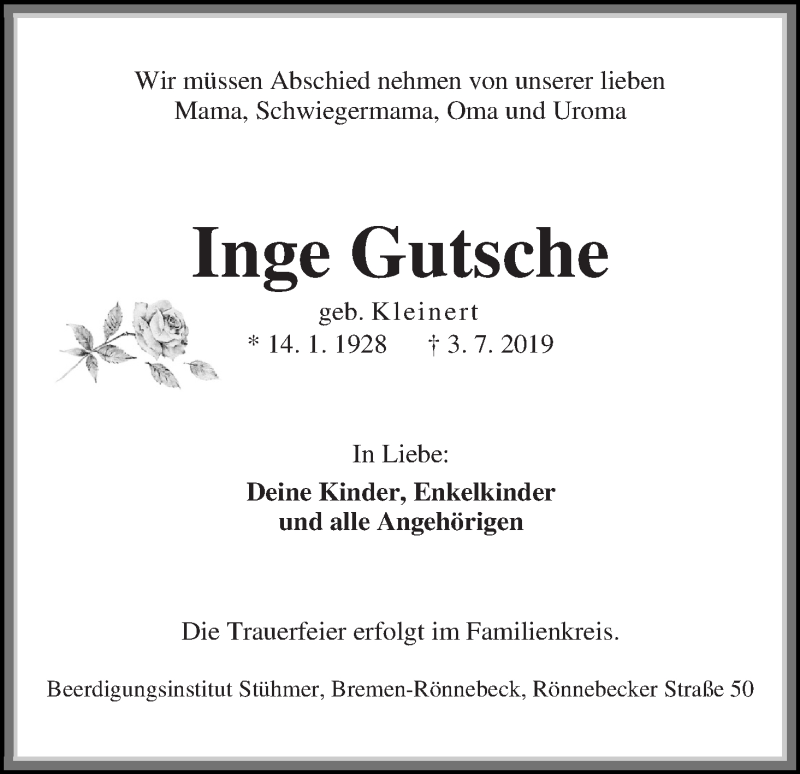 Traueranzeige von Inge Gutsche von Die Norddeutsche