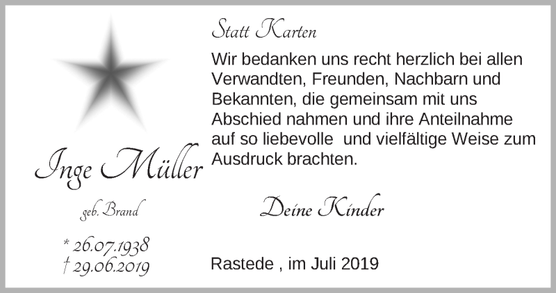 Traueranzeige von Inge Müller von WESER-KURIER