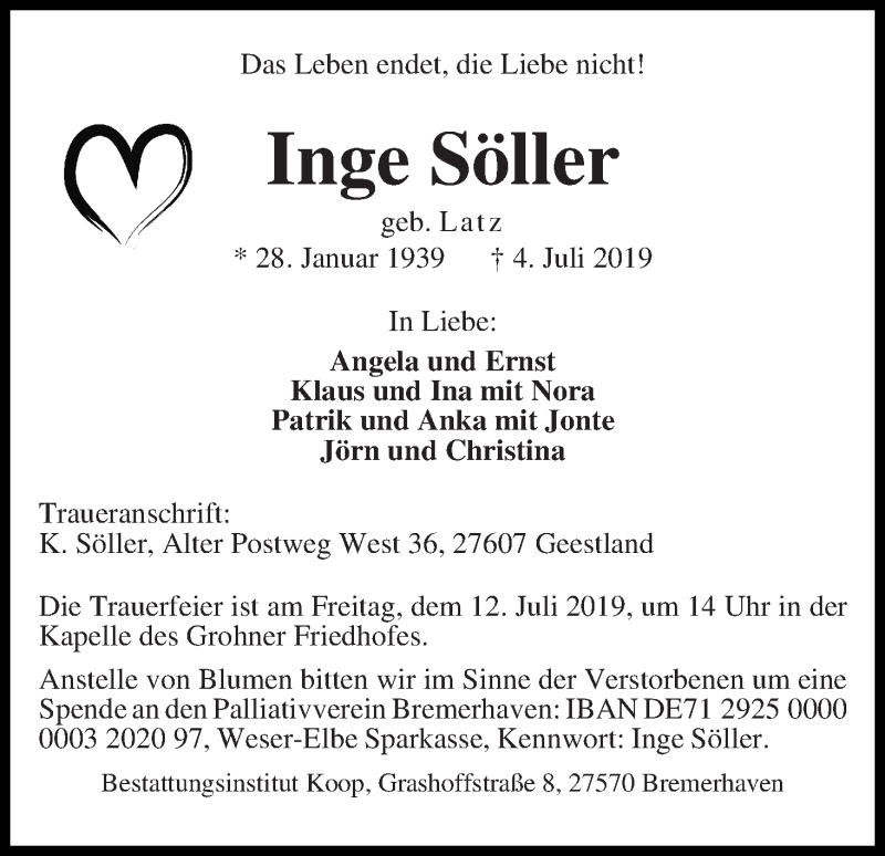 Traueranzeige von Inge Söller von Die Norddeutsche