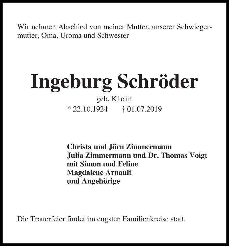 Traueranzeige von Ingeburg Schröder von Die Norddeutsche