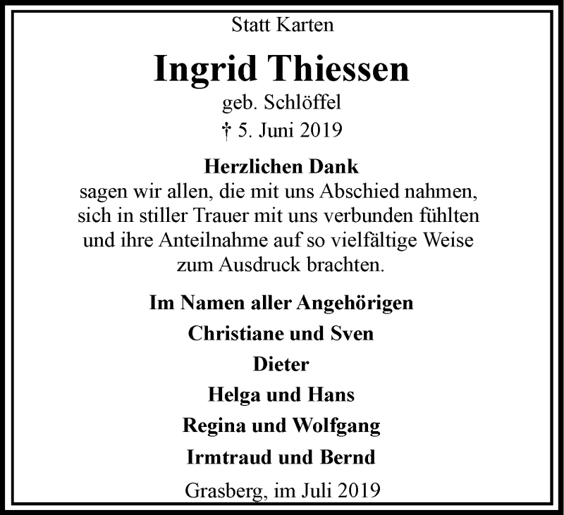 Traueranzeige von Ingrid Thiessen von Wuemme Zeitung