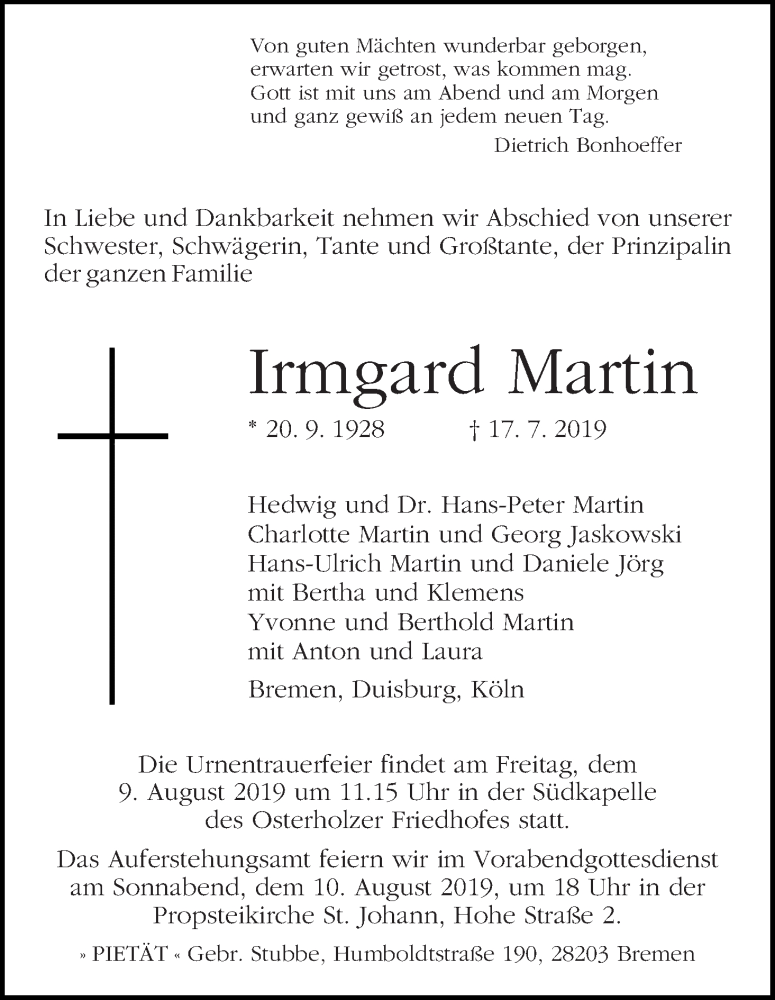 Traueranzeige von Irmgard Martin von WESER-KURIER