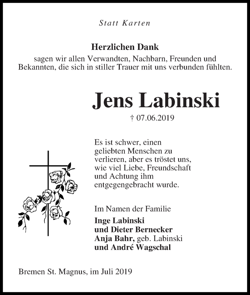 Traueranzeige von Jens Labinski von Die Norddeutsche