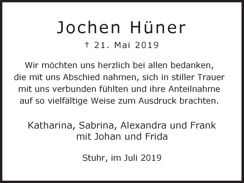 Traueranzeige von Jochen Hüner von WESER-KURIER