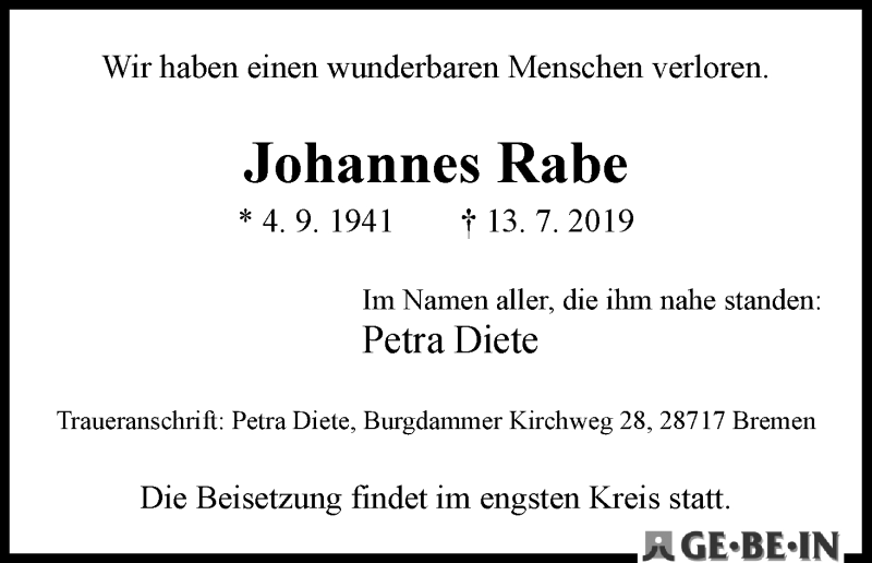Traueranzeige von Johannes Rabe von Die Norddeutsche