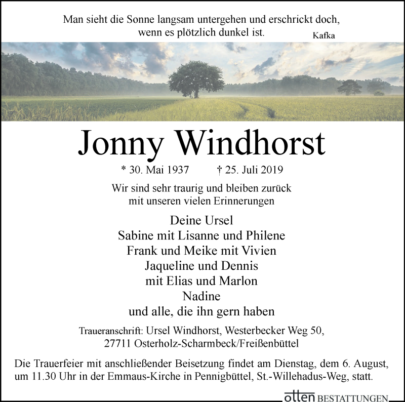 Traueranzeige von Jonny Windhorst von Osterholzer Kreisblatt