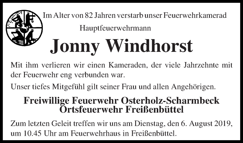Traueranzeige von Jonny Windhorst von Osterholzer Kreisblatt
