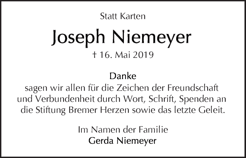 Traueranzeige von Joseph Niemeyer von WESER-KURIER