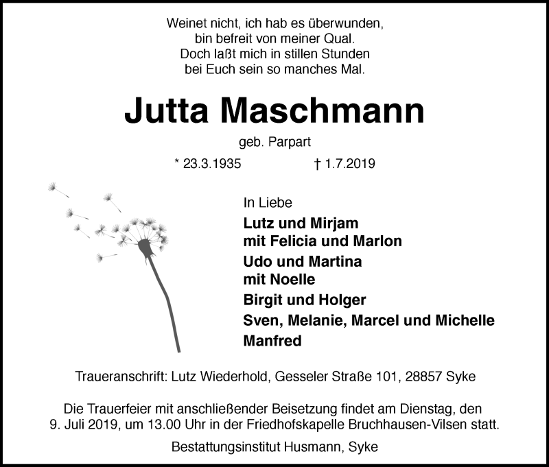 Traueranzeige von Jutta Maschmann von Regionale Rundschau/Syker Kurier