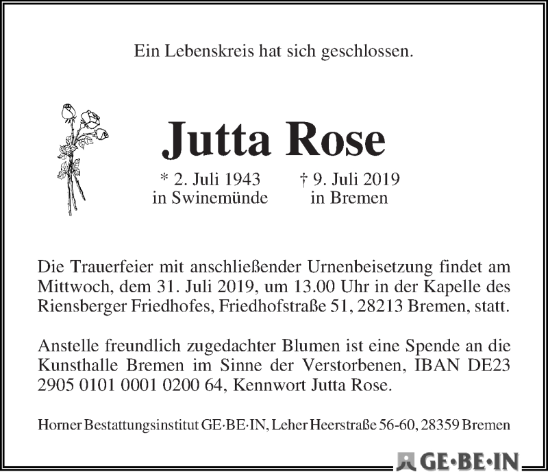 Traueranzeige von Jutta Rose von WESER-KURIER