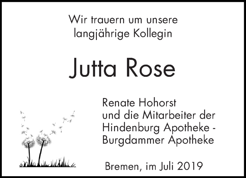 Traueranzeige von Jutta Rose von WESER-KURIER
