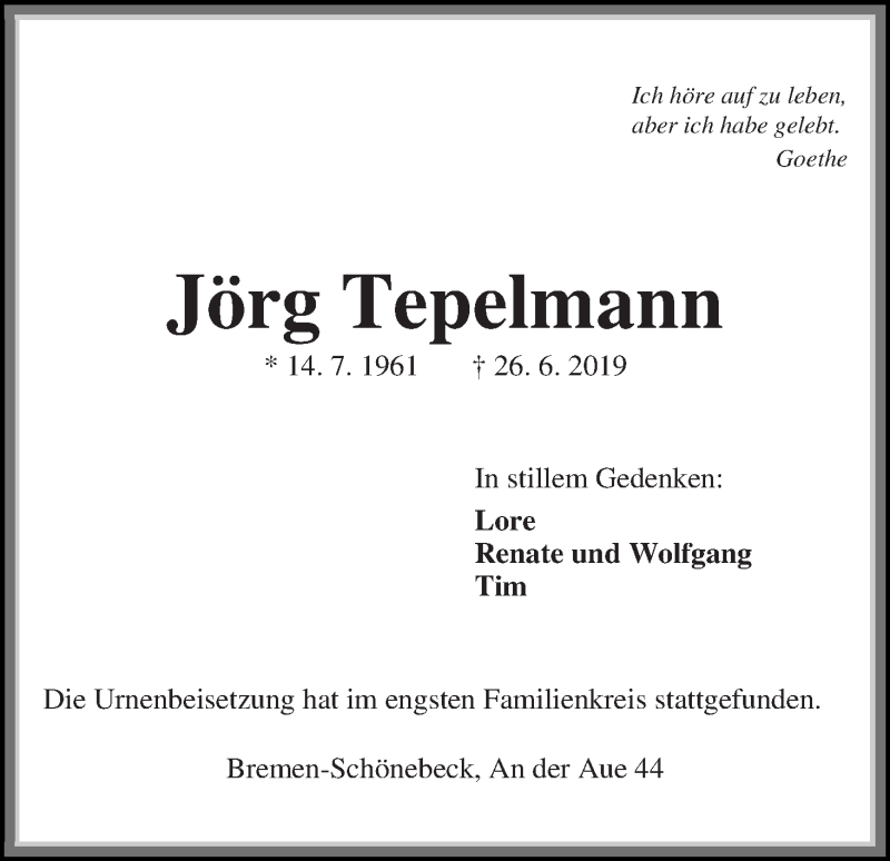 Traueranzeige von Jörg Tepelmann von Die Norddeutsche