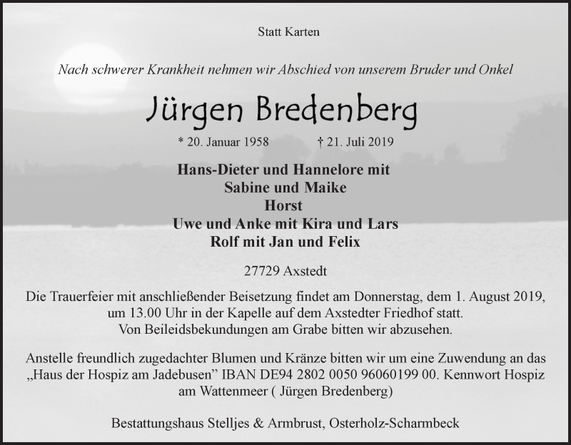 Traueranzeige von Jürgen Bredenberg von Osterholzer Kreisblatt