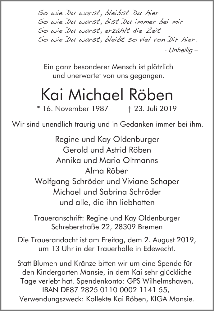 Traueranzeige von Kai Michael Röben von WESER-KURIER