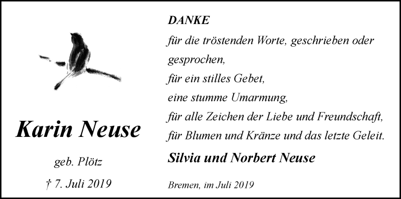 Traueranzeige von Karin Neuse von WESER-KURIER