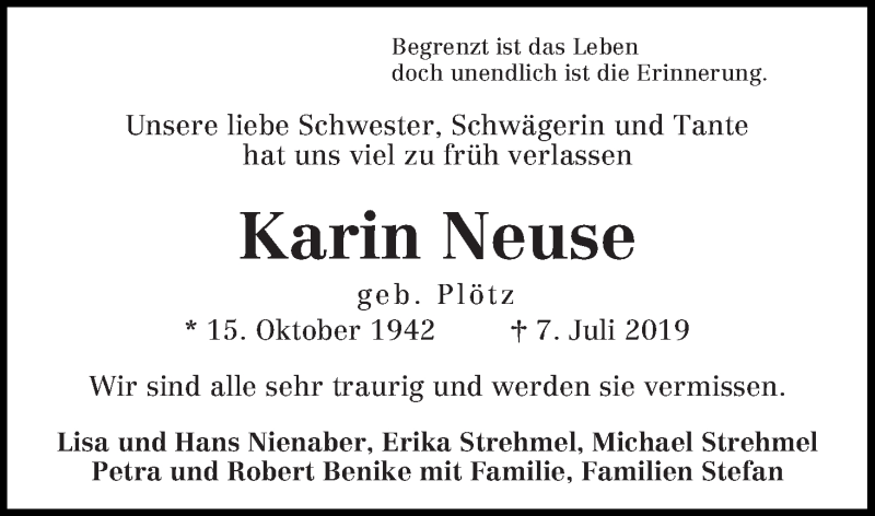 Traueranzeige von Karin Neuse von WESER-KURIER