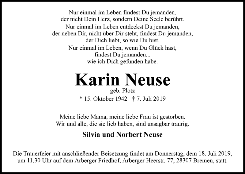 Traueranzeige von Karin Neuse von WESER-KURIER