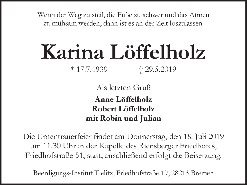 Traueranzeige von Karina Löffelholz von WESER-KURIER