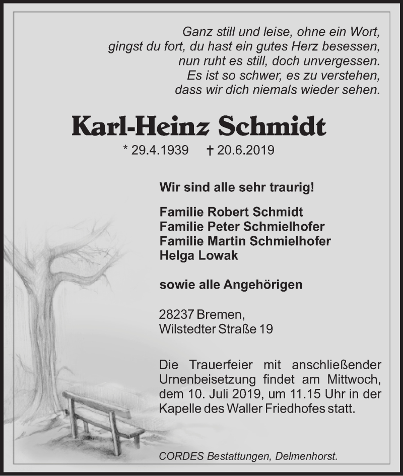 Traueranzeige von Karl-Heinz Schmidt von WESER-KURIER