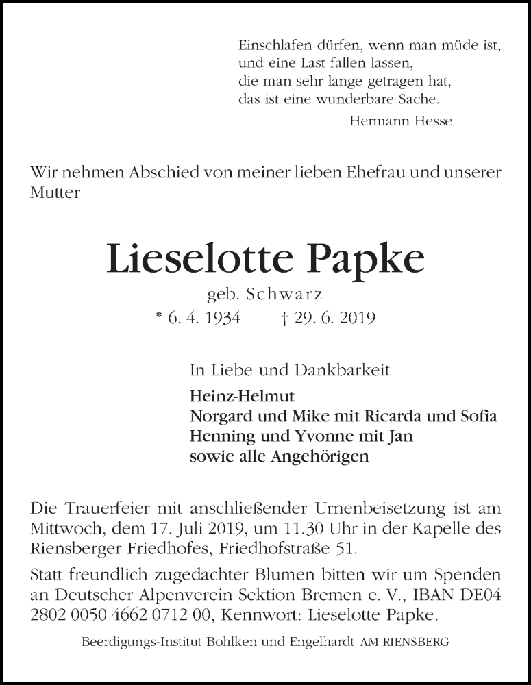 Traueranzeige von Lieselotte Papke von WESER-KURIER