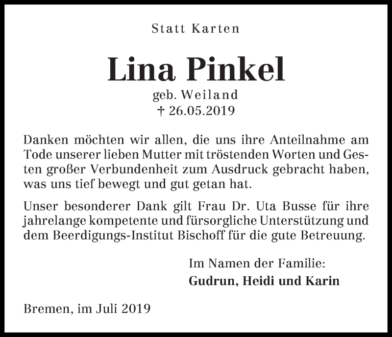 Traueranzeige von Lina Pinkel von Die Norddeutsche